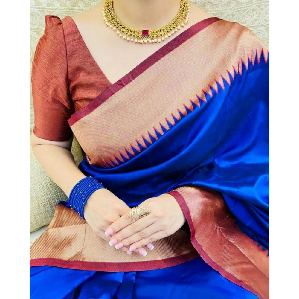Blue soft lichi silk solid saree with unstitched blouse, 5.5mtr length on model
