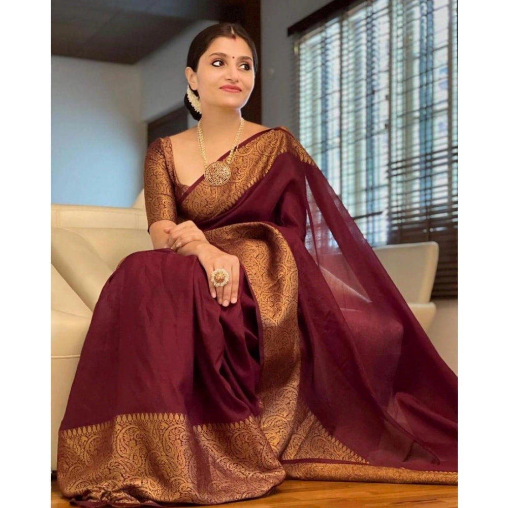 Maroon soft lichi silk solid saree with unstitched blouse, luxurious Indian women's fashion wear