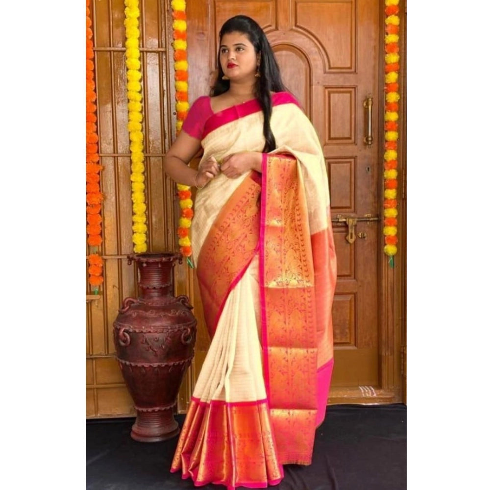 Cream soft lichi silk printed saree with unstitched blouse (5.5Mtr), high-quality traditional Indian wear