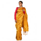 Yellow soft lichi silk woven saree with unstitched blouse (5.5Mtr) on mannequin