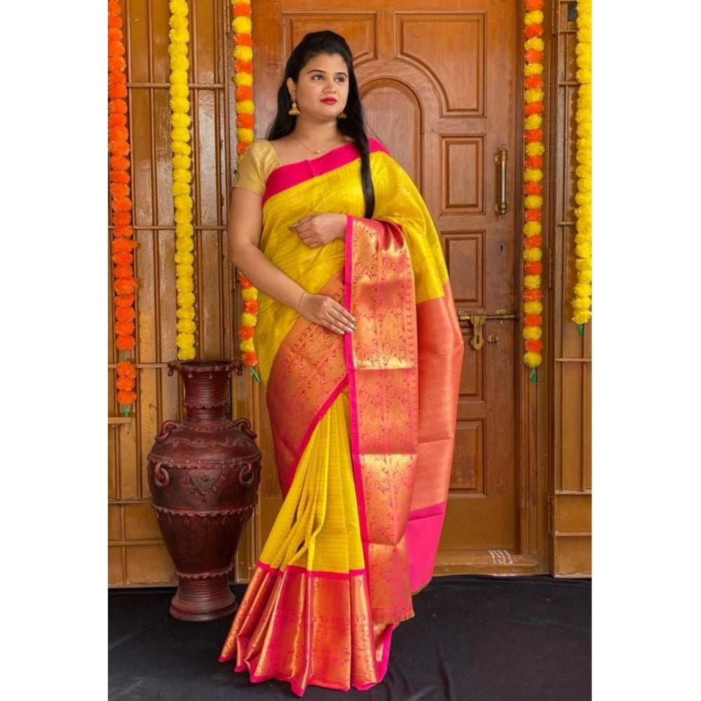 Yellow soft lichi silk printed saree with unstitched blouse, 5.5mtr length