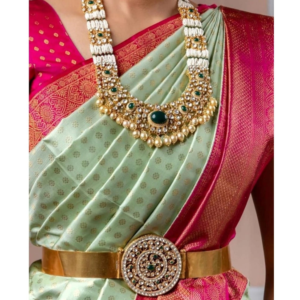 Light green soft lichi silk printed saree with unstitched blouse, 5.5mtr for women's fashion