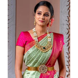 Light green soft lichi silk printed saree with unstitched blouse, 5.5mtr on model