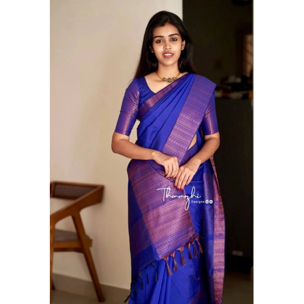 Blue soft lichi silk solid saree with unstitched blouse, 5.5mtr length on mannequin