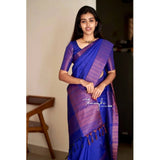 Blue soft lichi silk solid saree with unstitched blouse, 5.5mtr length on mannequin