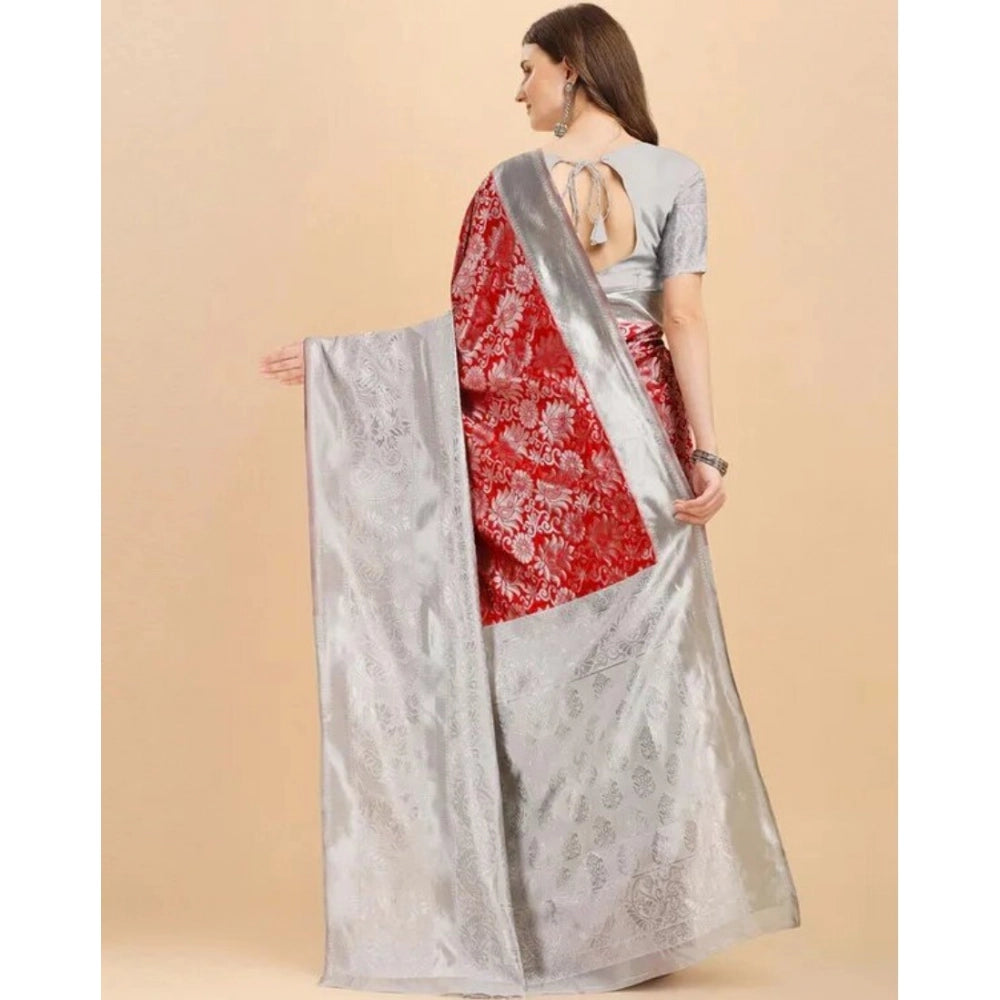 Red soft lichi silk printed saree with unstitched blouse (5.5mtr), elegant Indian women's wear