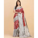 Red soft lichi silk printed saree with unstitched blouse (5.5mtr), luxurious Indian women's wear
