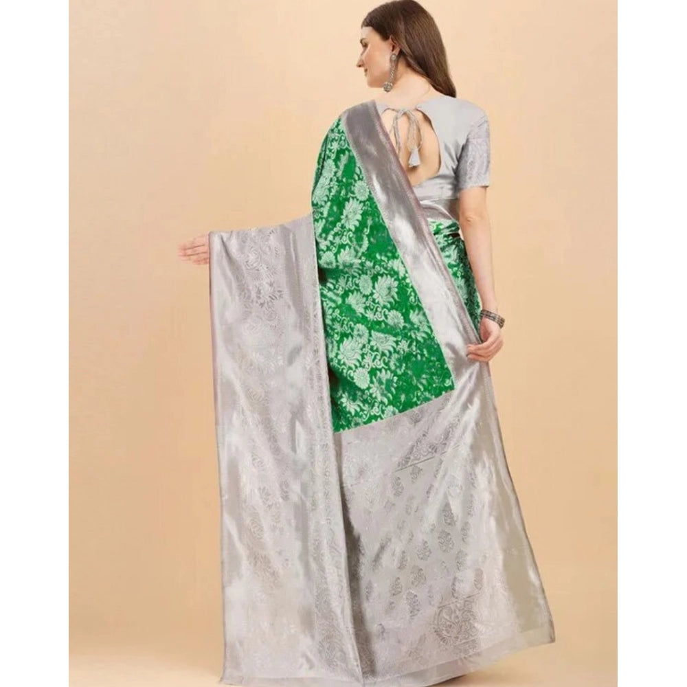 Green soft lichi silk printed saree with unstitched blouse (5.5mtr), women's traditional wear on mannequin