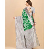 Green soft lichi silk printed saree with unstitched blouse (5.5mtr), women's traditional wear on mannequin