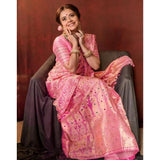 Soft pink lichi silk printed saree with unstitched blouse, 5.5mtr length