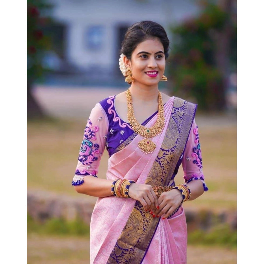 Purple soft lichi silk printed saree with unstitched blouse (5.5mtr), luxurious eastern wear on display