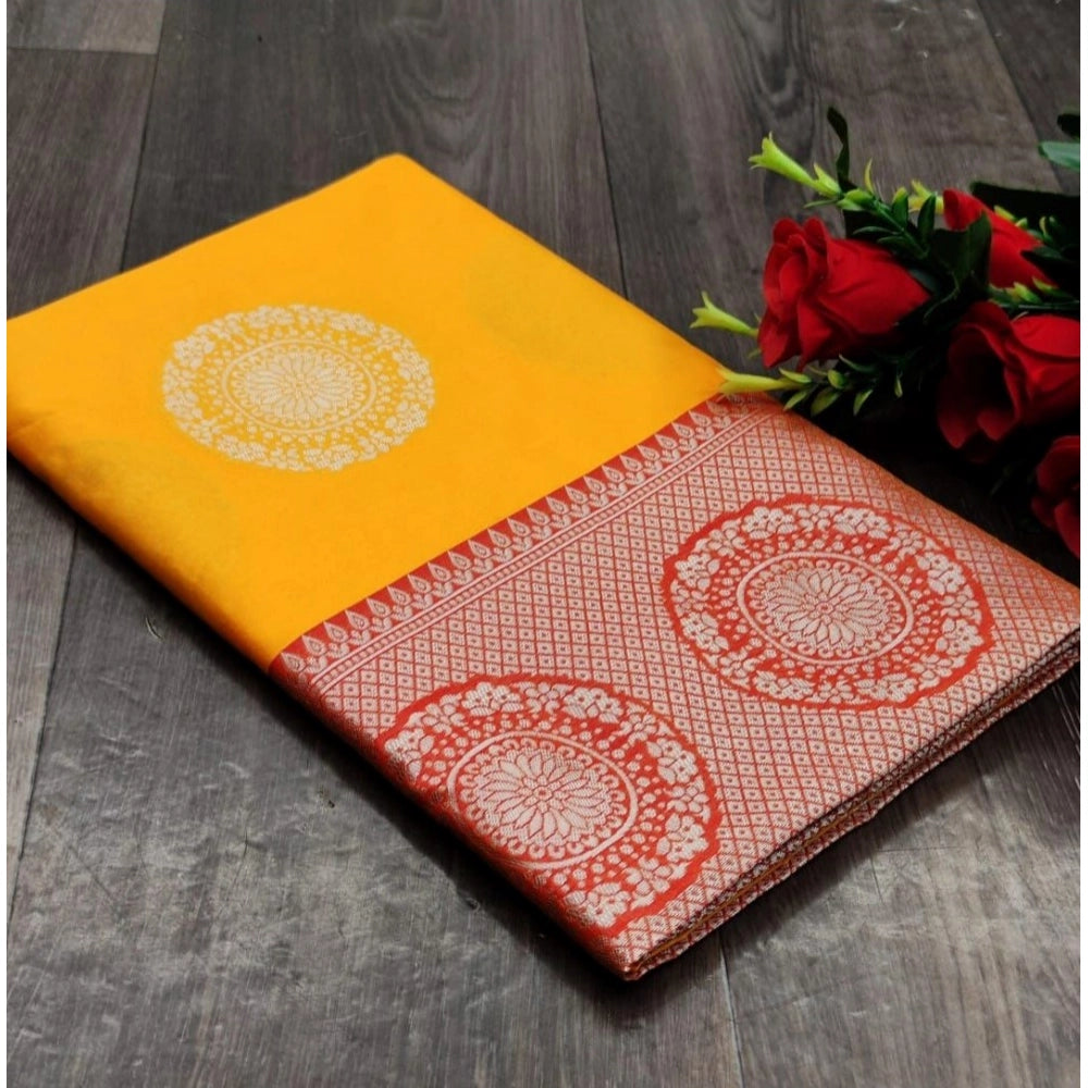 Yellow soft lichi silk printed saree with unstitched blouse, vibrant Indian women's wear accessory