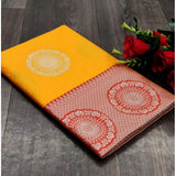 Yellow soft lichi silk printed saree with unstitched blouse, vibrant Indian women's wear accessory