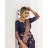 Navy blue printed soft lichi silk saree with unstitched blouse, 5.5Mtr