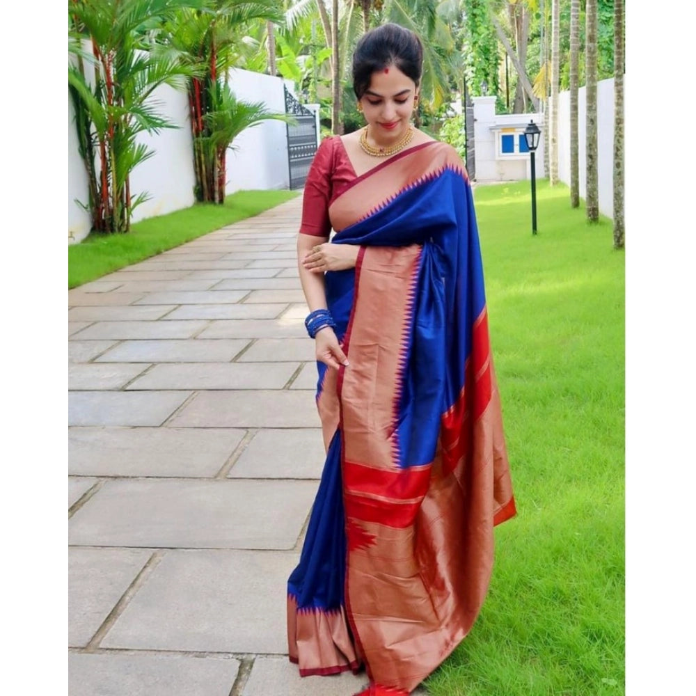 Blue soft lichi silk saree with unstitched blouse (5.5mtr)