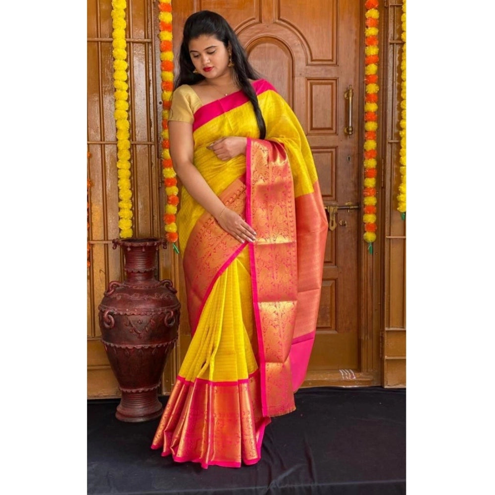Yellow soft lichi silk printed saree with unstitched blouse (5.5mtr)
