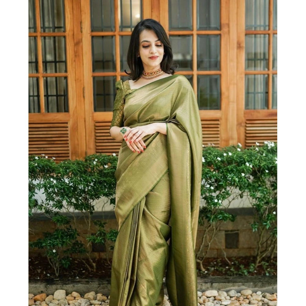 Green soft lichi silk printed saree with unstitched blouse (5.5mtr), elegant Indian women's attire on mannequin
