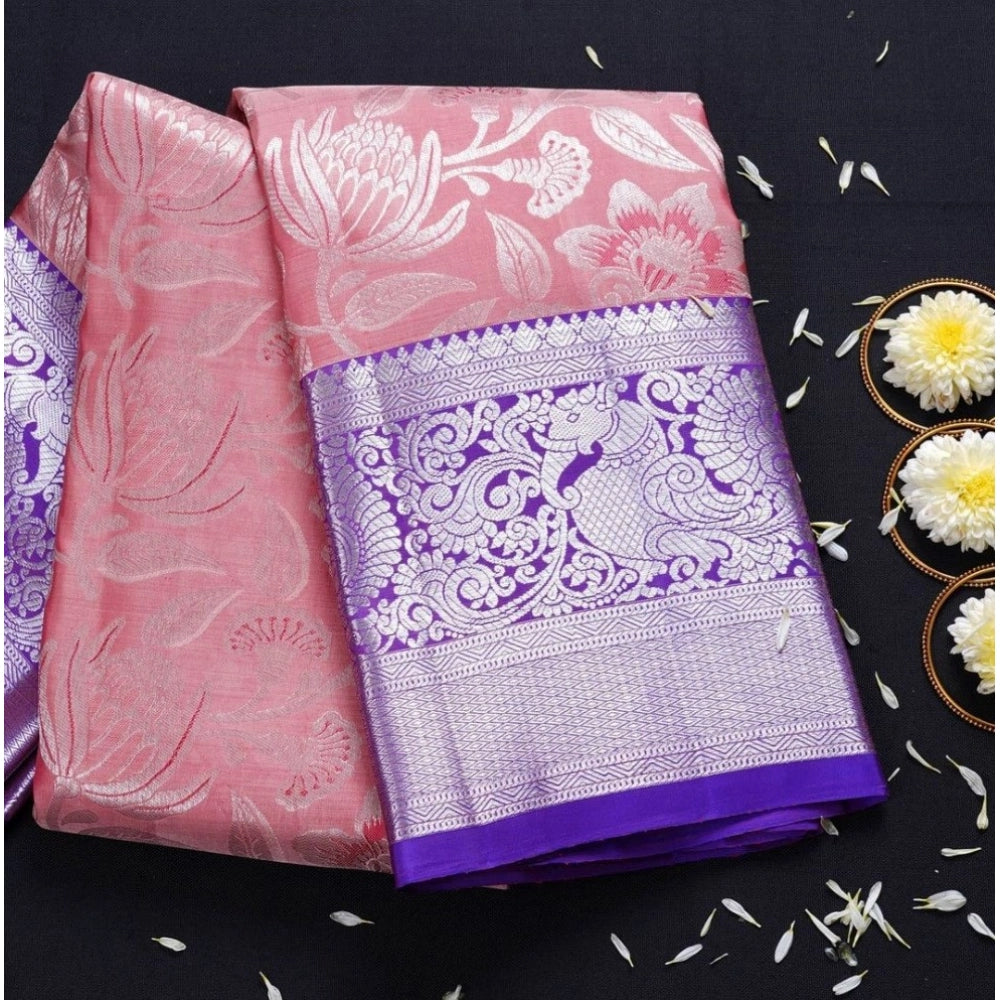 Purple soft lichi silk printed saree with unstitched blouse (5.5mtr), fashionable women's traditional wear on display