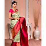 Light green soft lichi silk printed saree with unstitched blouse, vibrant floral design on a 5.5mtr length