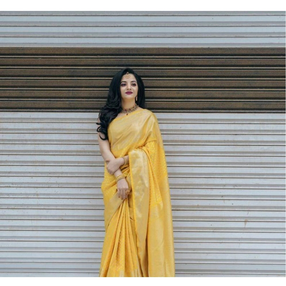 Yellow soft lichi silk printed saree with unstitched blouse, 5.5Mtr - vibrant Asian attire for special occasions