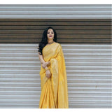 Yellow soft lichi silk printed saree with unstitched blouse, 5.5Mtr - vibrant Asian attire for special occasions