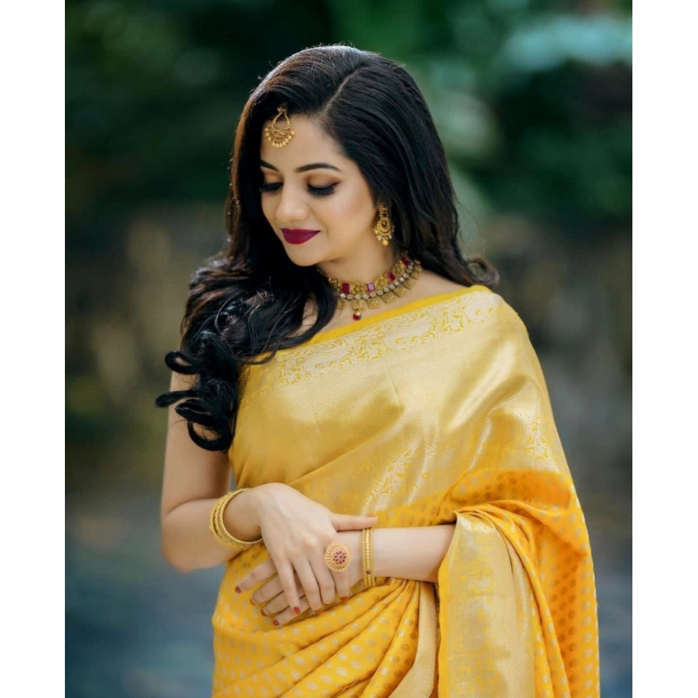 Yellow soft lichi silk printed saree with unstitched blouse, 5.5Mtr length
