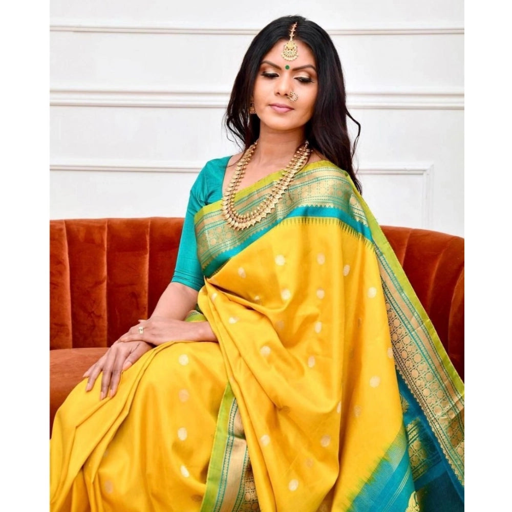 Soft yellow lichi silk printed saree with unstitched blouse, vibrant floral pattern on display