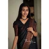 Black soft lichi silk solid saree with unstitched blouse, 5.5mtr length