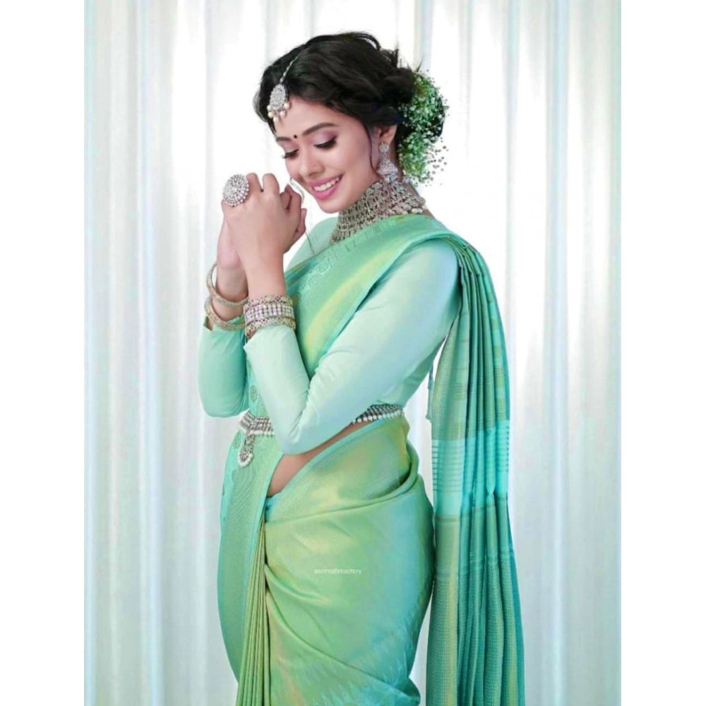 Light green soft lichi silk printed saree with unstitched blouse, 5.5mtr (close-up detail)