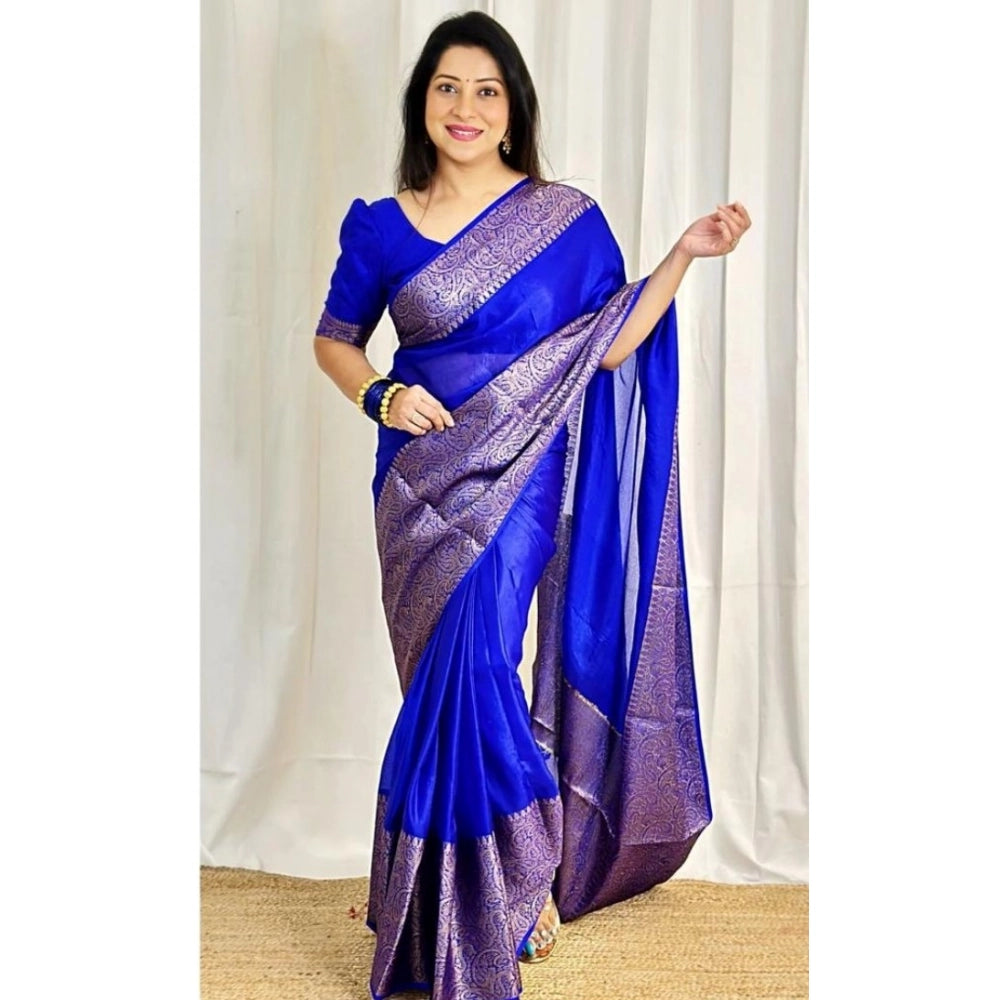 Blue soft lichi silk saree with unstitched blouse, 5.5mtr length