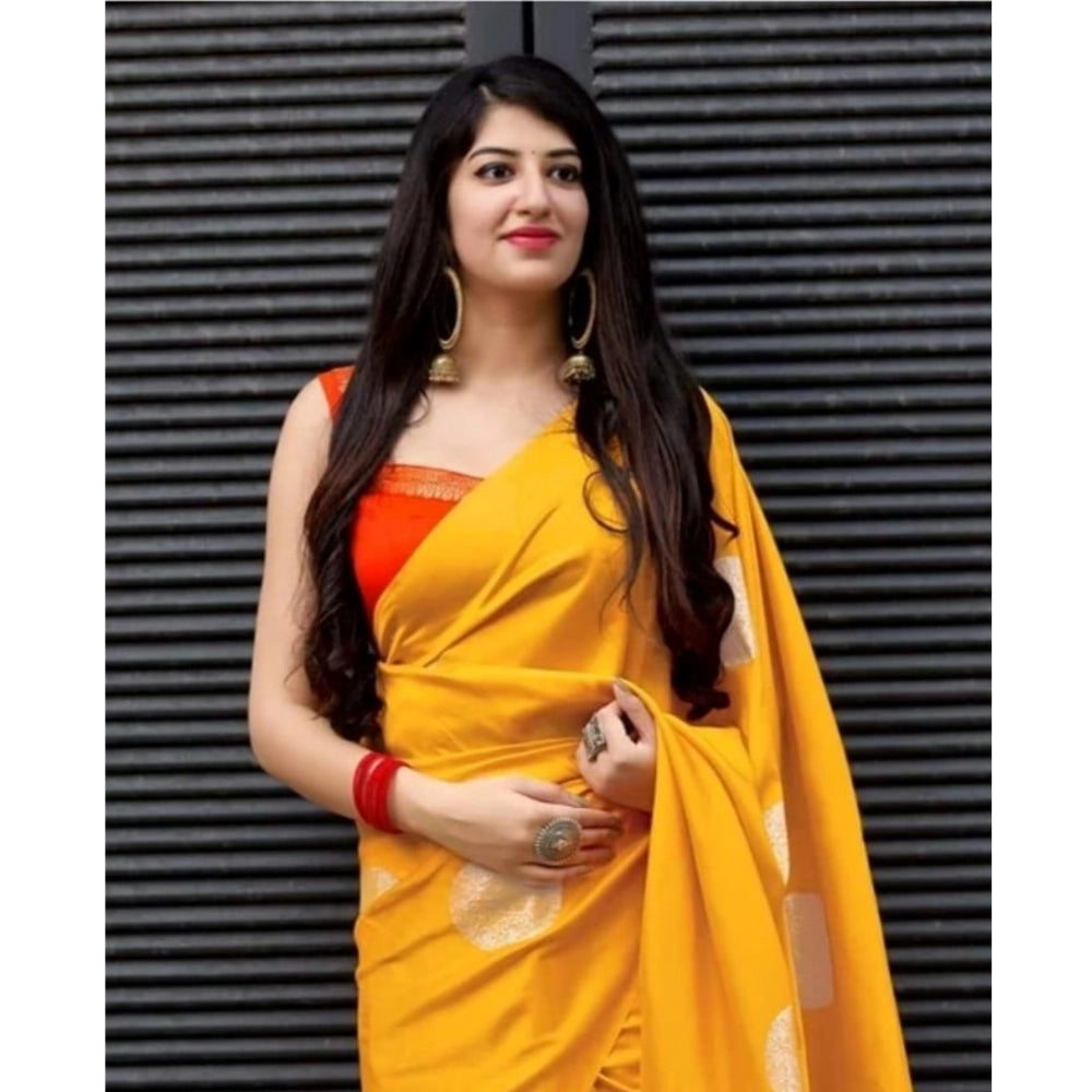 Yellow soft lichi silk printed saree with unstitched blouse (5.5mtr), women's traditional Indian wear