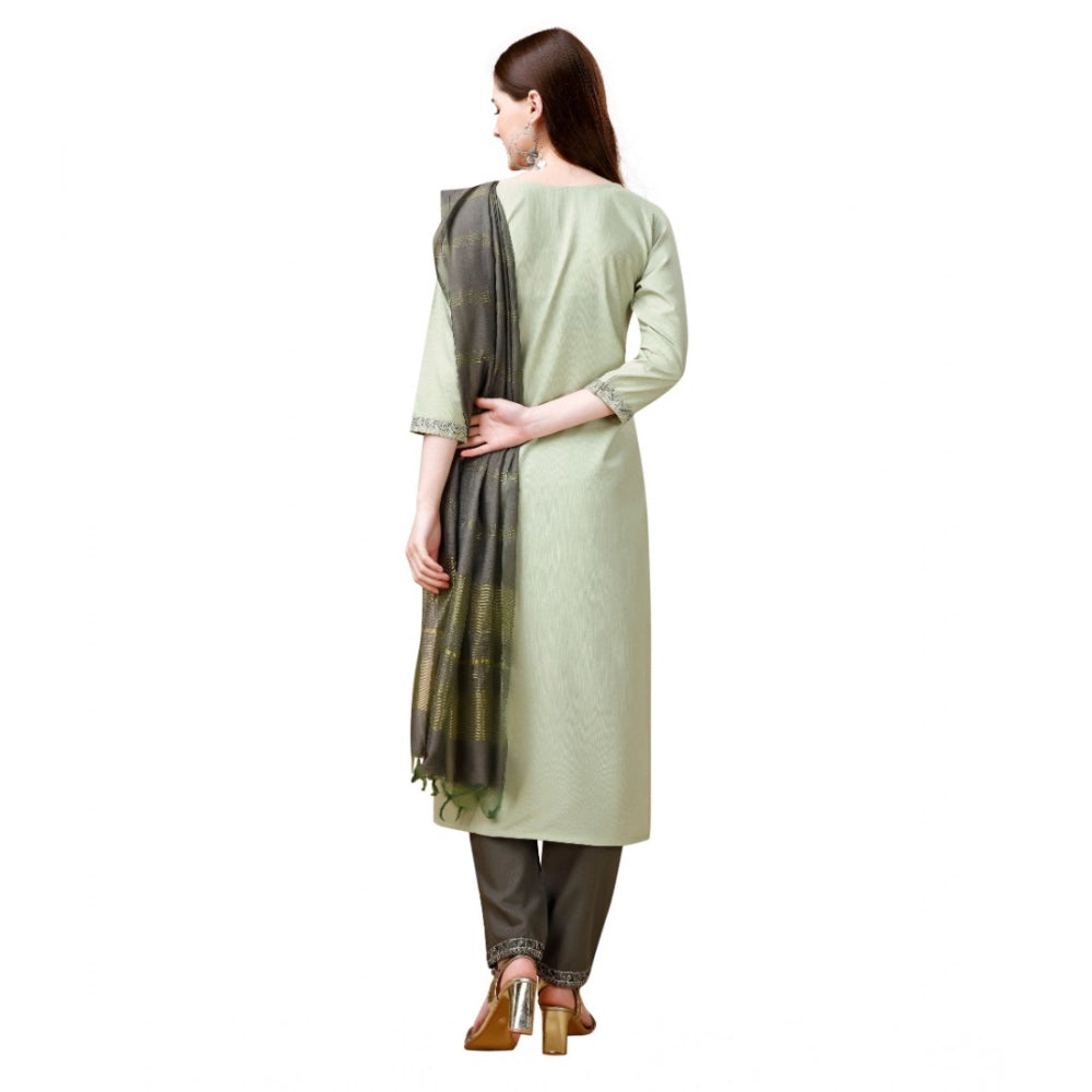 Women's Cotton Blend Embroidered 3-4 th Sleeve Round Neck Kurti With Pant Dupatta Set (Light Green)