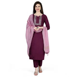 Women's Cotton Blend Embroidered 3-4 th Sleeve V Neck Kurti With Pant Dupatta Set (Purple)