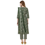 Women's Cotton Blend Printed 3-4 th Sleeve Round Neck Kurti With Pant Dupatta Set (Green)