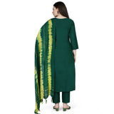 Women's Cotton Blend Embroidered 3-4 th Sleeve Round Neck Kurti With Pant Dupatta Set (Green)