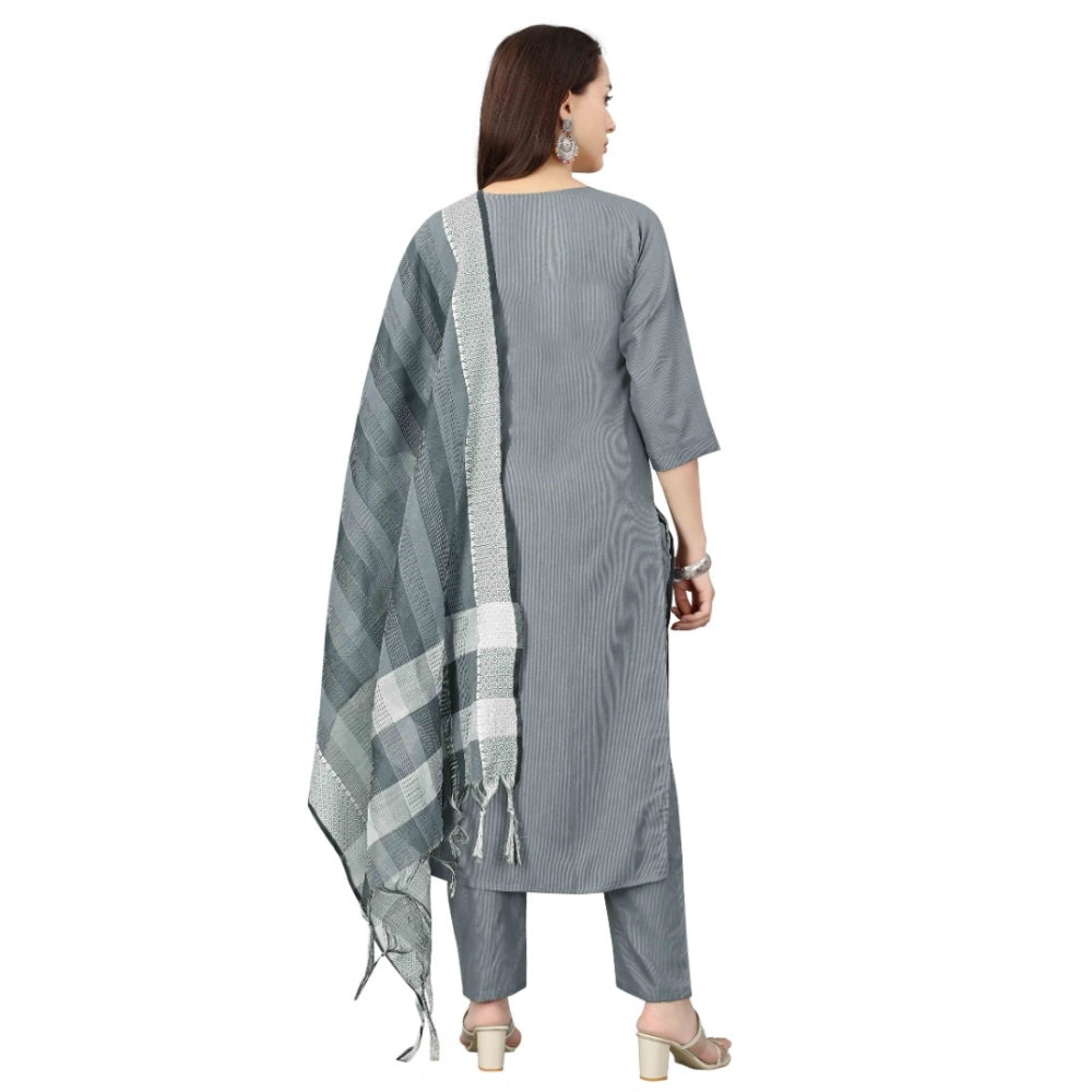 Women's Cotton Blend Mirror Work 3-4 th Sleeve Sweetheart Neck Kurti With Pant Dupatta Set (Grey)