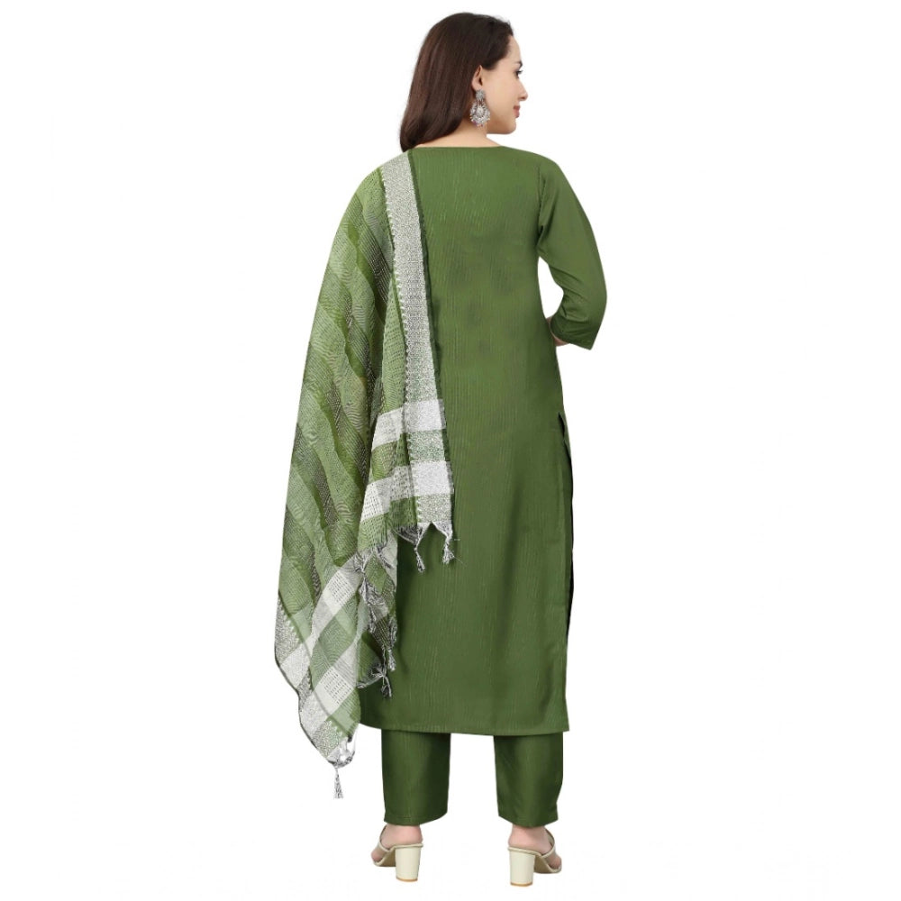 Women's Cotton Blend Mirror Work 3-4 th Sleeve Sweetheart Neck Kurti With Pant Dupatta Set (Mehendi green)