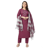 Women's Cotton Blend Mirror Work 3-4 th Sleeve Sweetheart Neck Kurti With Pant Dupatta Set (Purple)