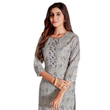 Women's Cotton Blend Foil Print - Mirror Work 3-4 th Sleeve Round Neck Kurti With Pant Set (Grey)