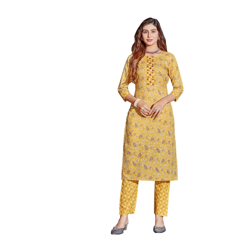 Women's Cotton Blend Foil Print - Mirror Work 3-4 th Sleeve Round Neck Kurti With Pant Set (Mustard)