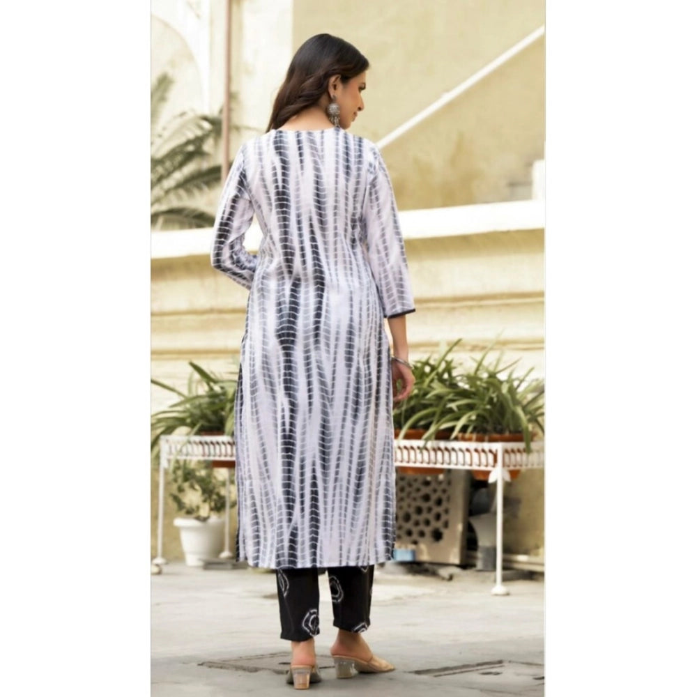 Women's Cotton Printed 3-4 th Sleeve V Neck Kurti With Pant Dupatta Set (Black)