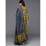 Women's Cotton Blend Printed 3-4 th Sleeve V Neck Kurti With Pant Dupatta Set (Yellow)