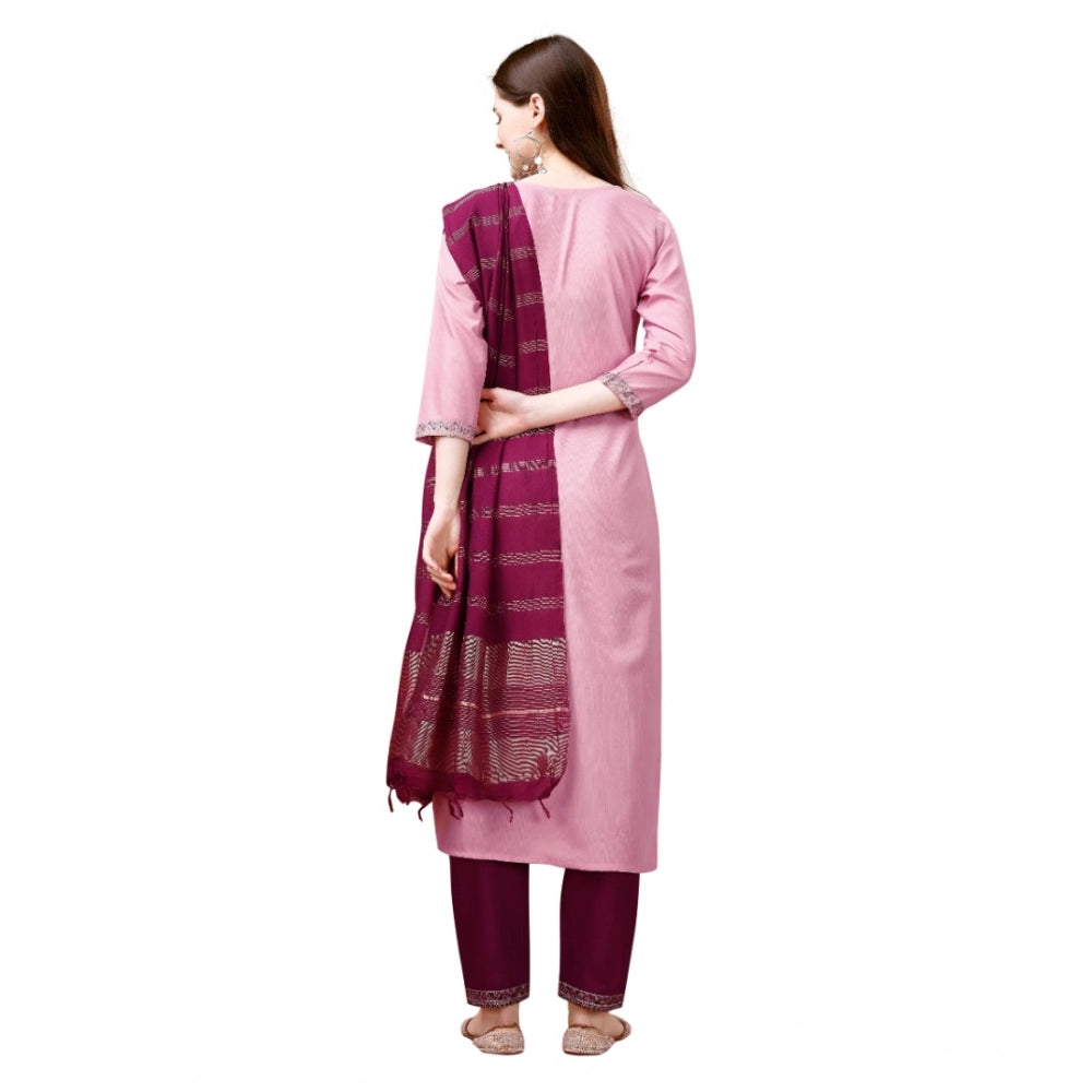 Women's Cotton Blend Embroidered 3-4 th Sleeve Round Neck Kurti With Pant Dupatta Set (Pink )
