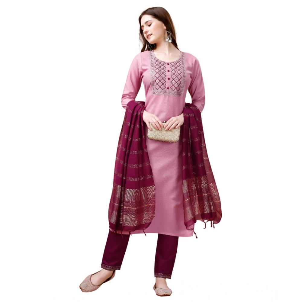Women's Cotton Blend Embroidered 3-4 th Sleeve Round Neck Kurti With Pant Dupatta Set (Pink )