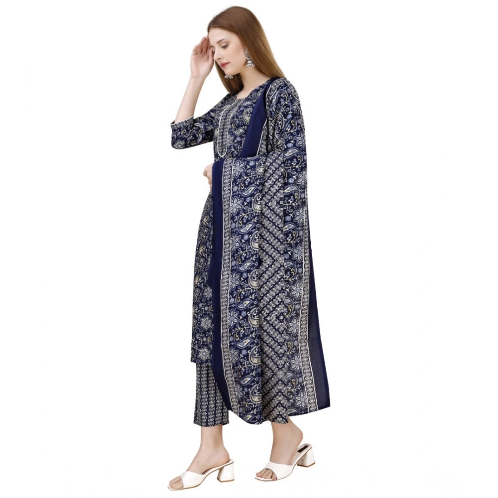 Women's Cotton Blend Printed 3-4 th Sleeve Round Neck Kurti With Pant Dupatta Set (Navy Blue)
