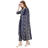 Women's Cotton Blend Printed 3-4 th Sleeve Round Neck Kurti With Pant Dupatta Set (Navy Blue)