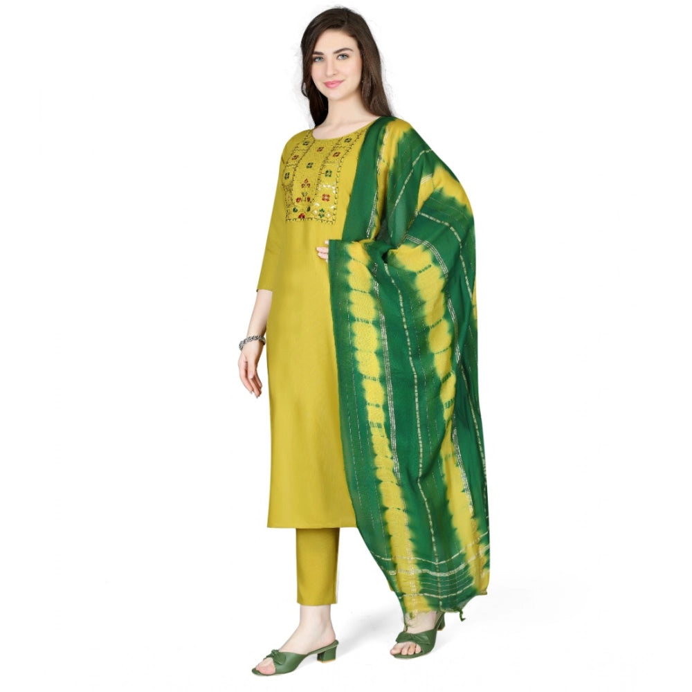Women's Cotton Blend Embroidered 3-4 th Sleeve Round Neck Kurti With Pant Dupatta Set (Yellow)