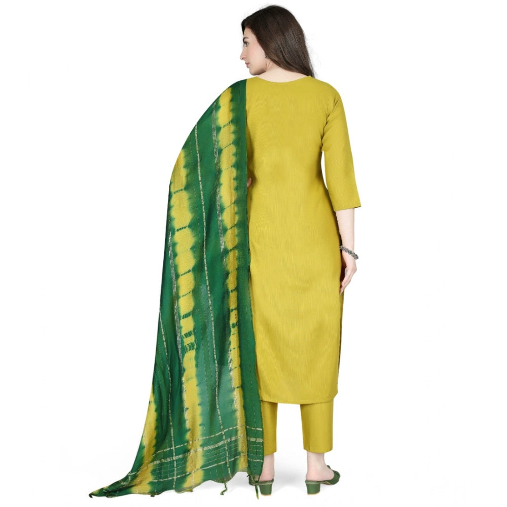 Women's Cotton Blend Embroidered 3-4 th Sleeve Round Neck Kurti With Pant Dupatta Set (Yellow)