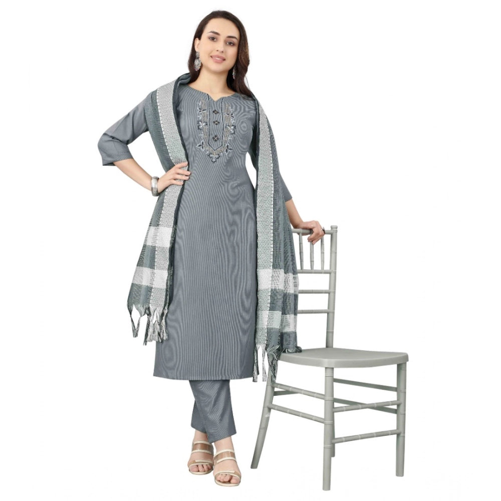 Women's Cotton Blend Mirror Work 3-4 th Sleeve Sweetheart Neck Kurti With Pant Dupatta Set (Grey)
