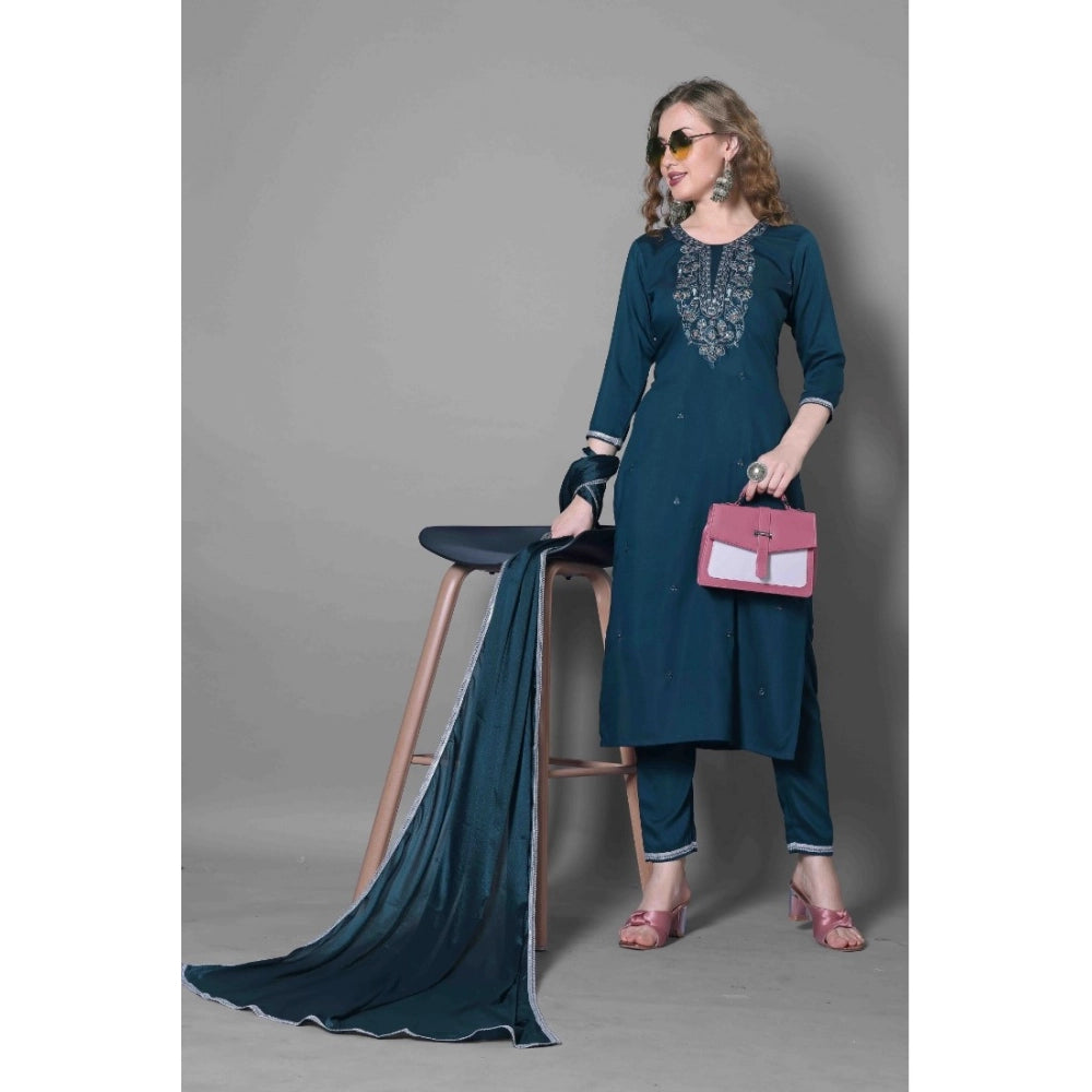 Women's Silk Blend Embroidered 3-4 th Sleeve Round Neck Kurti With Pant Dupatta Set (Blue)